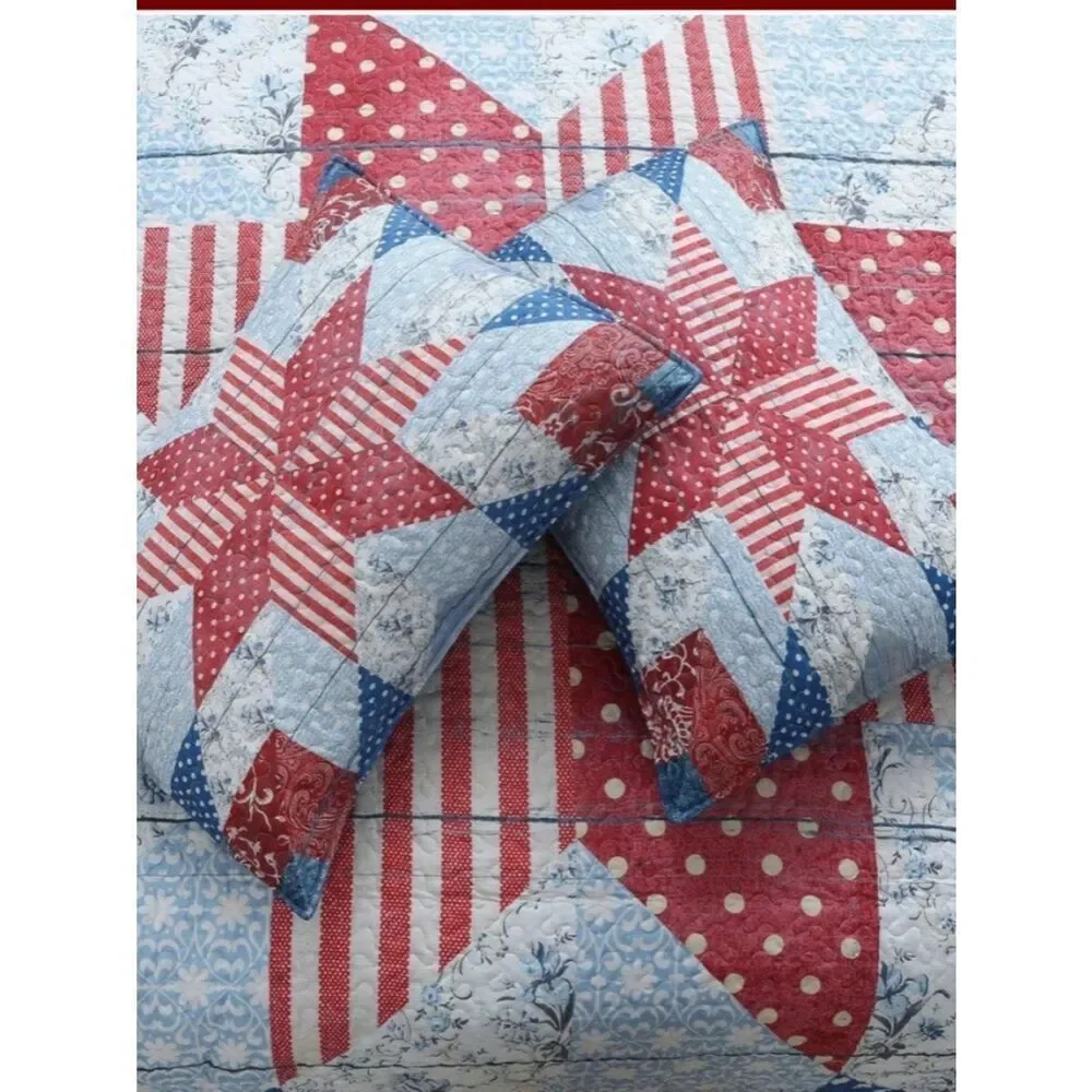 Americana Liberty Star Vintage Look King Quilt Set Patriotic Red White Blue